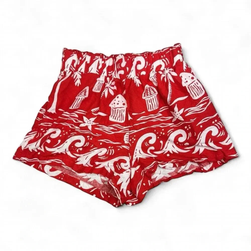 C & California Women's Medium Red Hawaiian Pattern 100% Linen Shorts